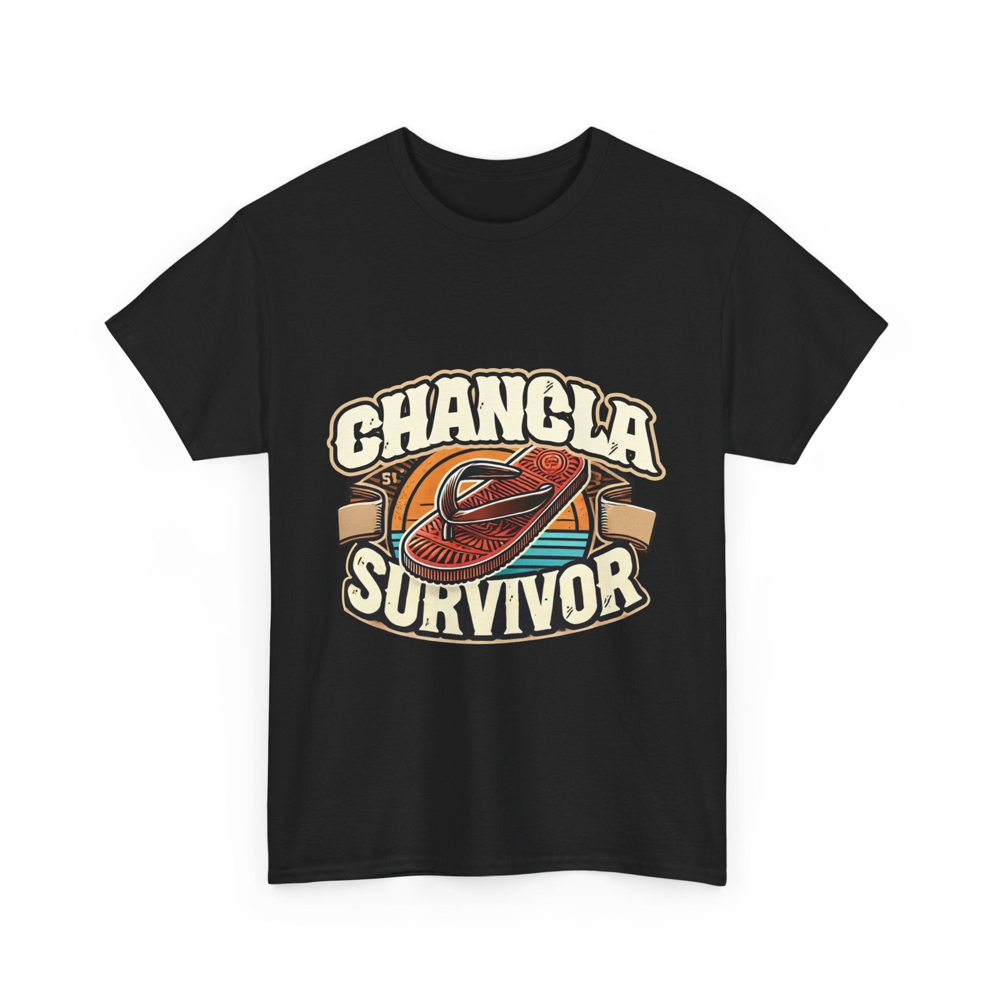 Black Hot Pink T-shirt featuring a retro-inspired 'Chancla Survivor' design with a graphic of a traditional sandal. Perfect for those with a sense of humor about family discipline and nostalgic cultural references.