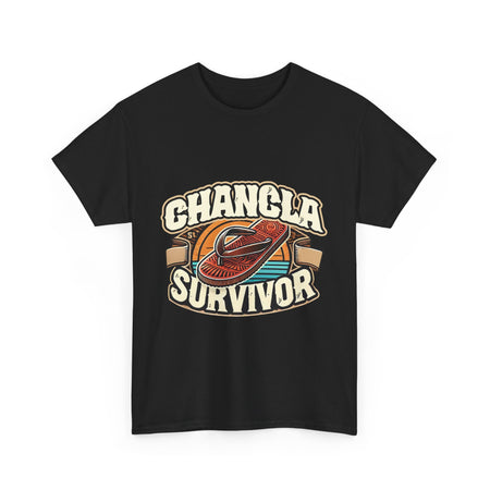 Black Hot Pink T-shirt featuring a retro-inspired 'Chancla Survivor' design with a graphic of a traditional sandal. Perfect for those with a sense of humor about family discipline and nostalgic cultural references.