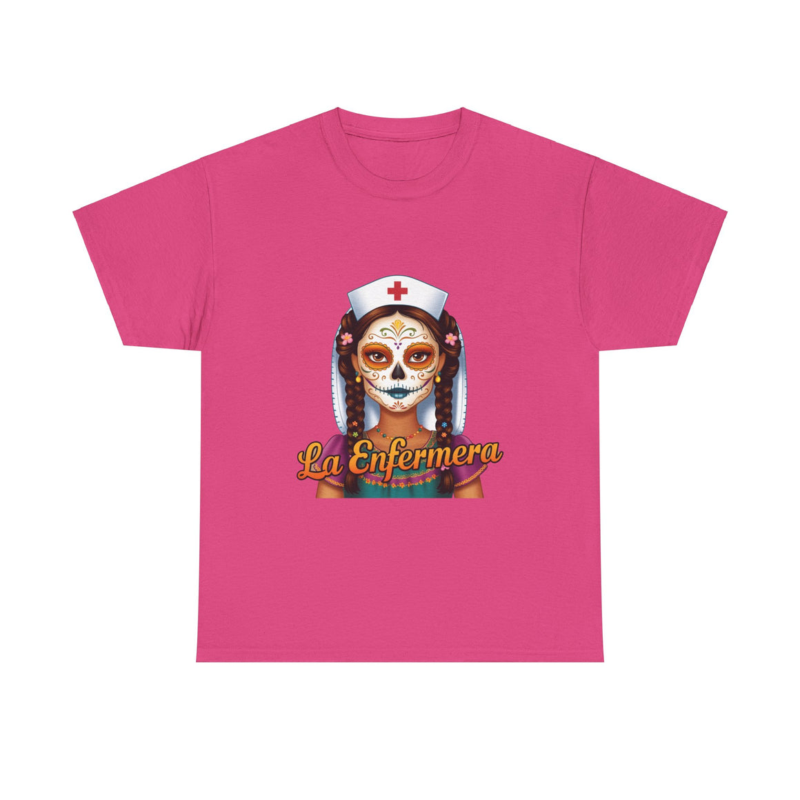a t shirt with a graphic of the day of the dead nurse on the front and it reads La Enfermera