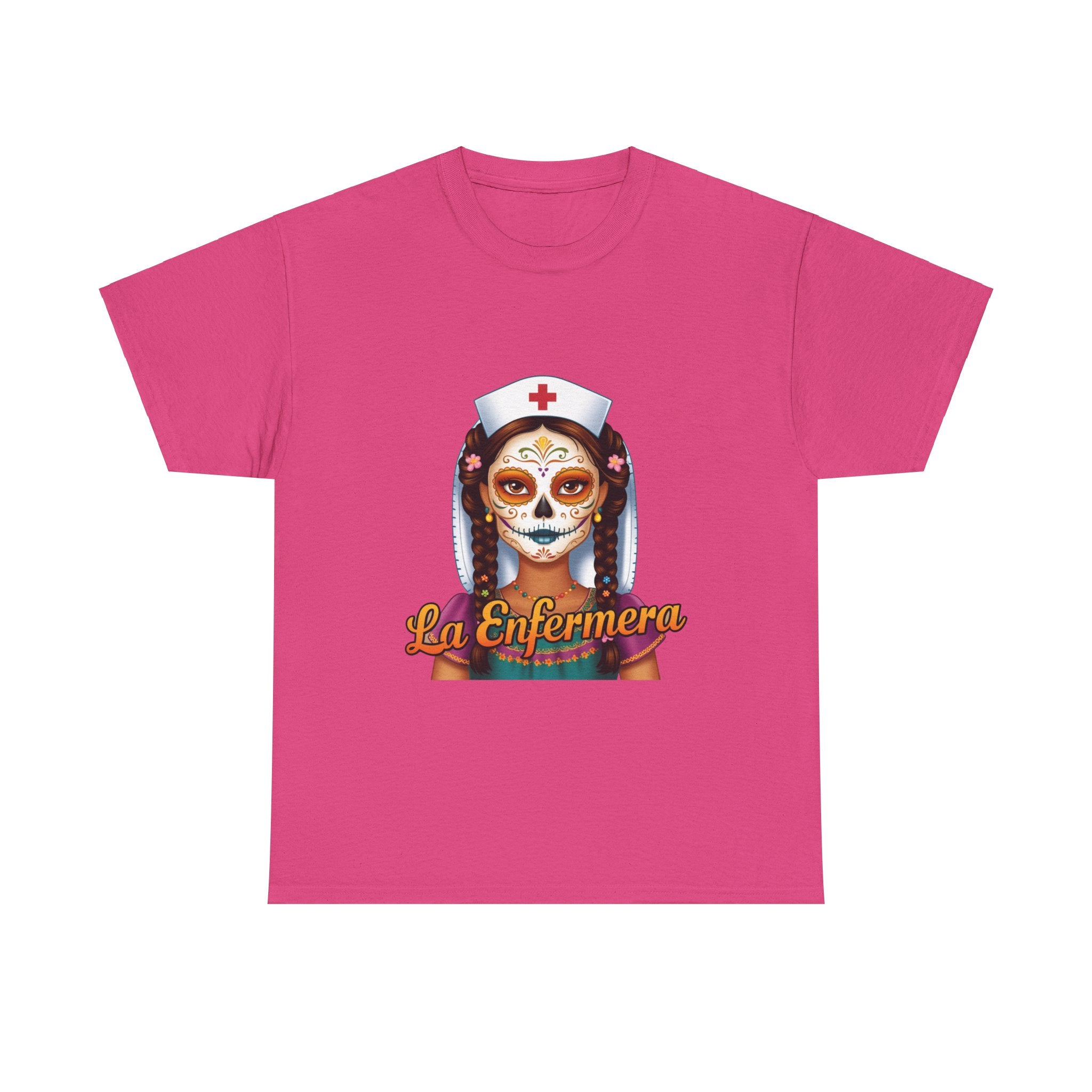 a t shirt with a graphic of the day of the dead nurse on the front and it reads La Enfermera