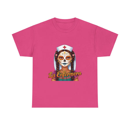a t shirt with a graphic of the day of the dead nurse on the front and it reads La Enfermera