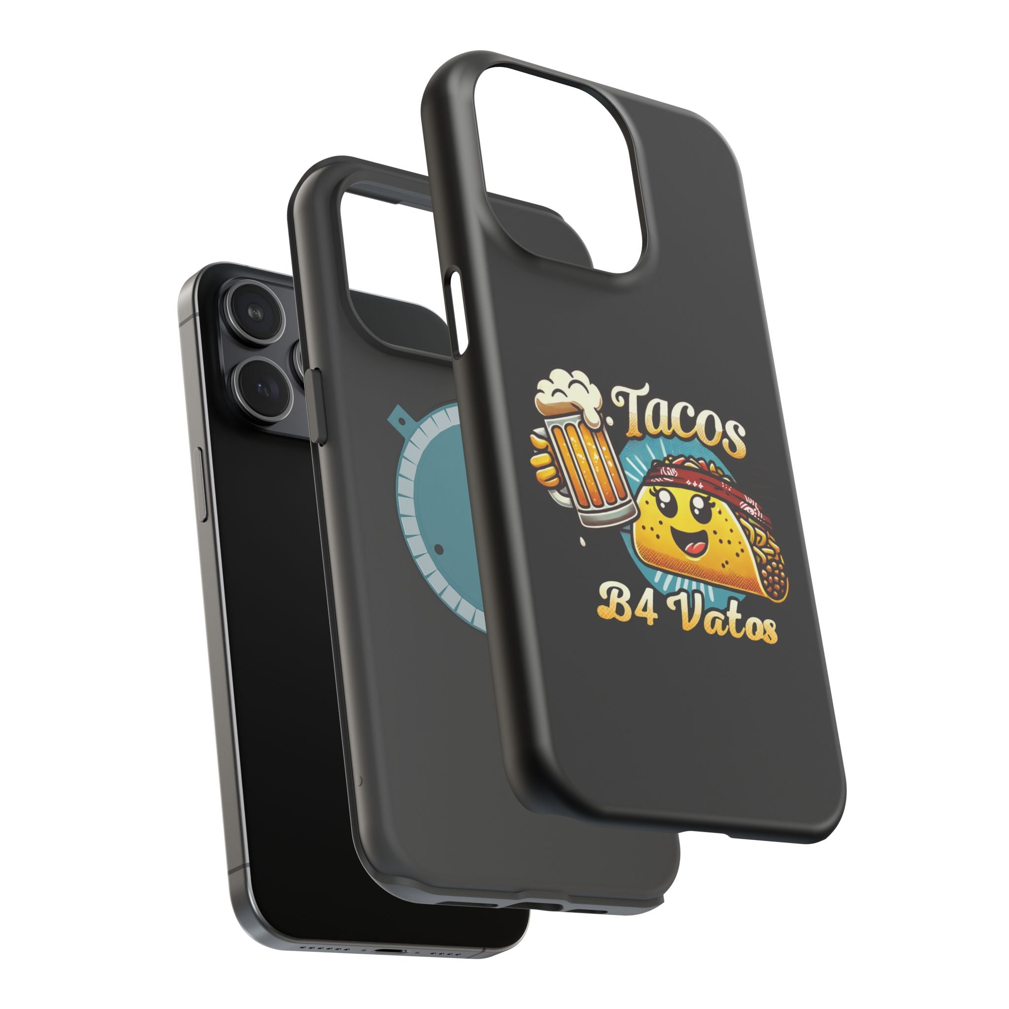 Black iPhone 16 magnetic phone case featuring a playful 'Tacos B4 Vatos' design with a cheerful taco character holding a frothy beer mug. Perfect for taco lovers who want a fun and unique phone accessory.