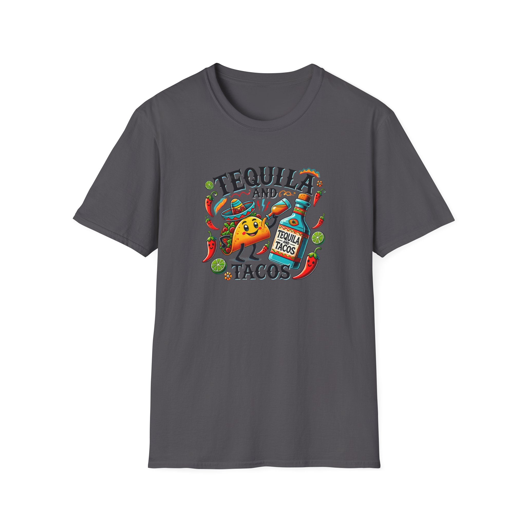 T-shirt with a fun 'Tequila and Tacos' design featuring a cheerful taco character, tequila bottle, lime slices, chili peppers, and festive elements. Perfect for taco and tequila enthusiasts who enjoy celebrating with a vibrant, fiesta-inspired style.
