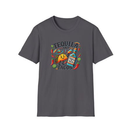 T-shirt with a fun 'Tequila and Tacos' design featuring a cheerful taco character, tequila bottle, lime slices, chili peppers, and festive elements. Perfect for taco and tequila enthusiasts who enjoy celebrating with a vibrant, fiesta-inspired style.