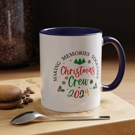 Festive coffee cup design featuring the text 'Christmas Crew 2024' in red and green with holiday elements like Christmas trees, holly, ornaments, and a gift box. Perfect for holiday gatherings and festive cheer.