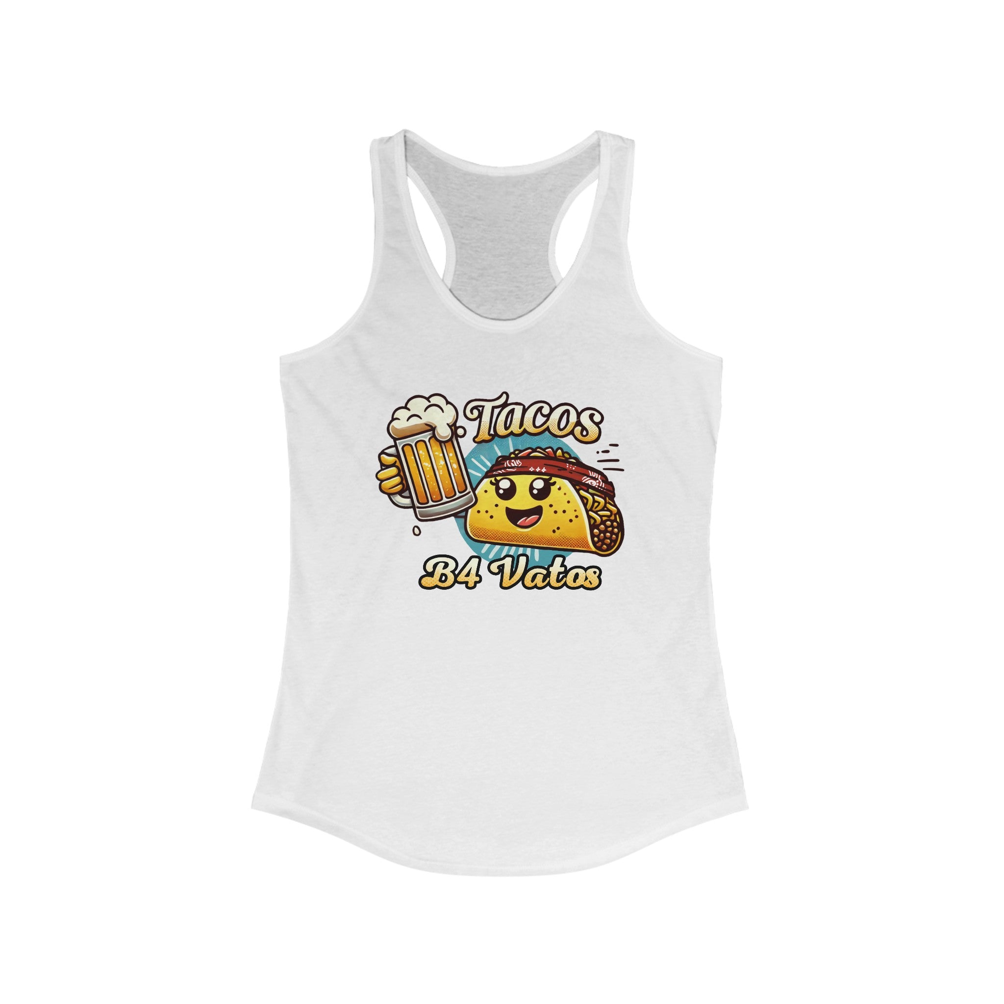 Woman wearing a 'Tacos B4 Vatos' tank top featuring a cheerful taco character with a beer mug, enjoying a lively outdoor celebration. Perfect tank top for taco lovers who want a fun and festive vibe.