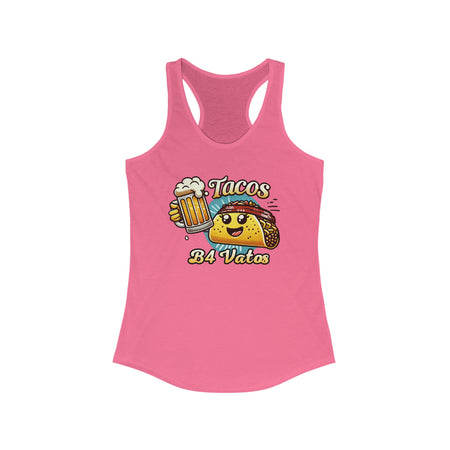 Woman wearing a 'Tacos B4 Vatos' tank top featuring a cheerful taco character with a beer mug, enjoying a lively outdoor celebration. Perfect tank top for taco lovers who want a fun and festive vibe.