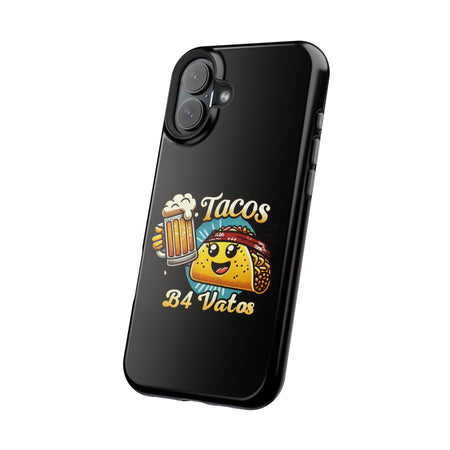 Black iPhone 16 magnetic phone case featuring a playful 'Tacos B4 Vatos' design with a cheerful taco character holding a frothy beer mug. Perfect for taco lovers who want a fun and unique phone accessory.