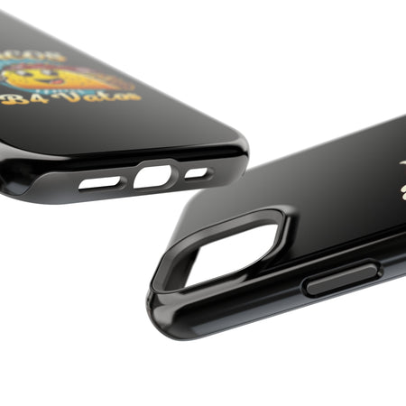 Black iPhone 16 magnetic phone case featuring a playful 'Tacos B4 Vatos' design with a cheerful taco character holding a frothy beer mug. Perfect for taco lovers who want a fun and unique phone accessory.