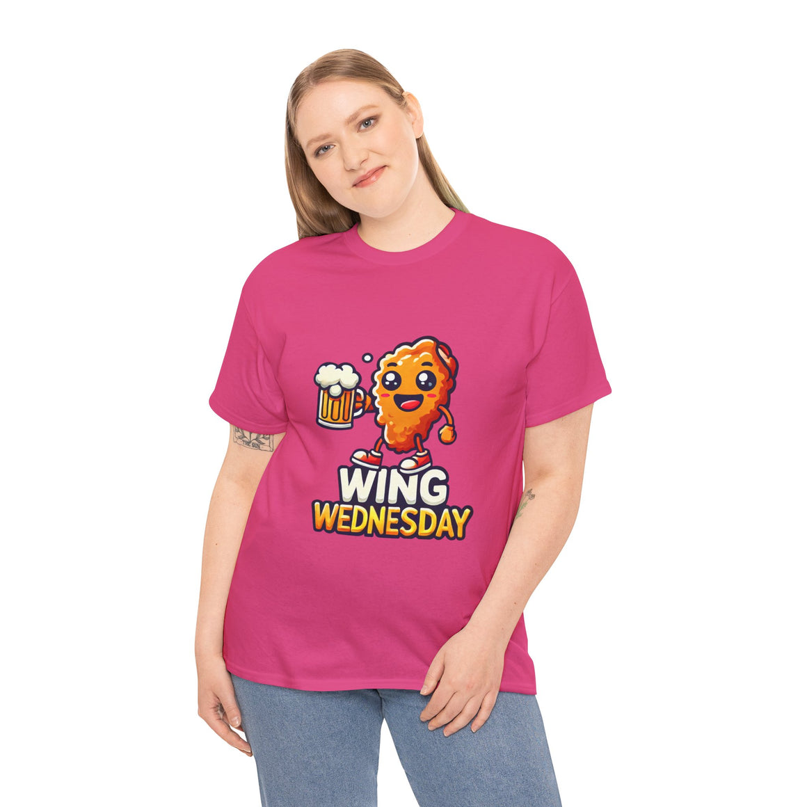 Hot Pink Wing Wednesday' t-shirt featuring a cheerful, cartoon-style chicken wing character holding a beer mug. Perfect for those who love celebrating Wing Wednesday with a fun and playful design.