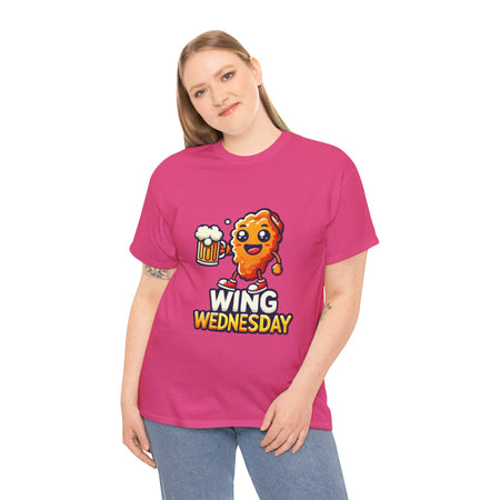 Hot Pink Wing Wednesday' t-shirt featuring a cheerful, cartoon-style chicken wing character holding a beer mug. Perfect for those who love celebrating Wing Wednesday with a fun and playful design.