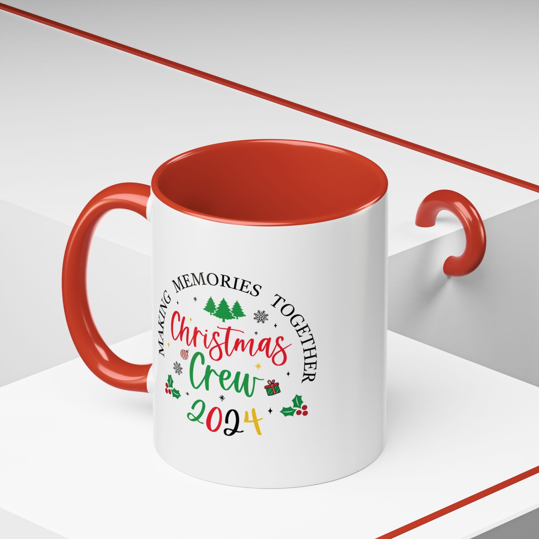 Festive coffee cup design featuring the text 'Christmas Crew 2024' in red and green with holiday elements like Christmas trees, holly, ornaments, and a gift box. Perfect for holiday gatherings and festive cheer.