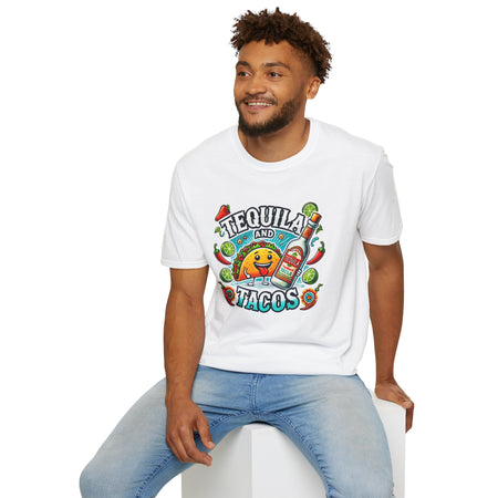 White T-shirt featuring a lively 'Tequila and Tacos' design with a cheerful taco character, tequila bottle, lime slices, chili peppers, and festive decorations. Ideal for taco lovers and tequila fans who enjoy a fun, fiesta-inspired look.