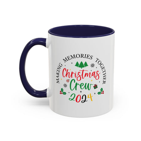 Festive coffee cup design featuring the text 'Christmas Crew 2024' in red and green with holiday elements like Christmas trees, holly, ornaments, and a gift box. Perfect for holiday gatherings and festive cheer.