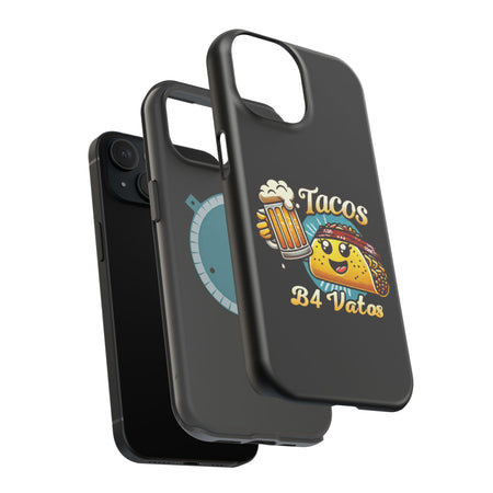 Black iPhone 16 magnetic phone case featuring a playful 'Tacos B4 Vatos' design with a cheerful taco character holding a frothy beer mug. Perfect for taco lovers who want a fun and unique phone accessory.