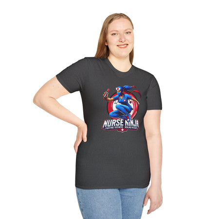 A T-shirt  featuring one of the Nurse Ninja t-shirt designs, depicting a dynamic nurse dressed as a ninja holding a syringe. The graphic includes the text "Nurse Ninja - Fighting Sickness, Healing Patients," showcasing a bold and heroic theme, perfect for healthcare professionals.
