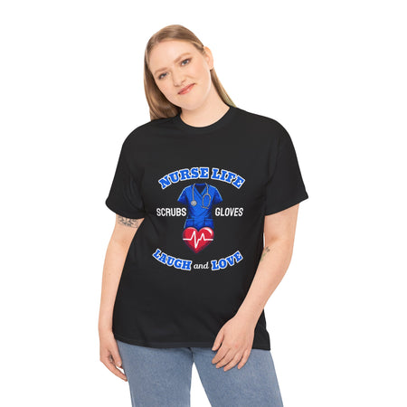 A smiling man wearing a black T-shirt with the design "Nurse Life - Scrubs, Gloves, Laugh and Love," featuring a stethoscope and heart symbol. This shirt is part of a Nurse Week clothing gift collection, ideal for nurses to celebrate and showcase their dedication. Perfect for Nurse Week clothing gifts for nurses.