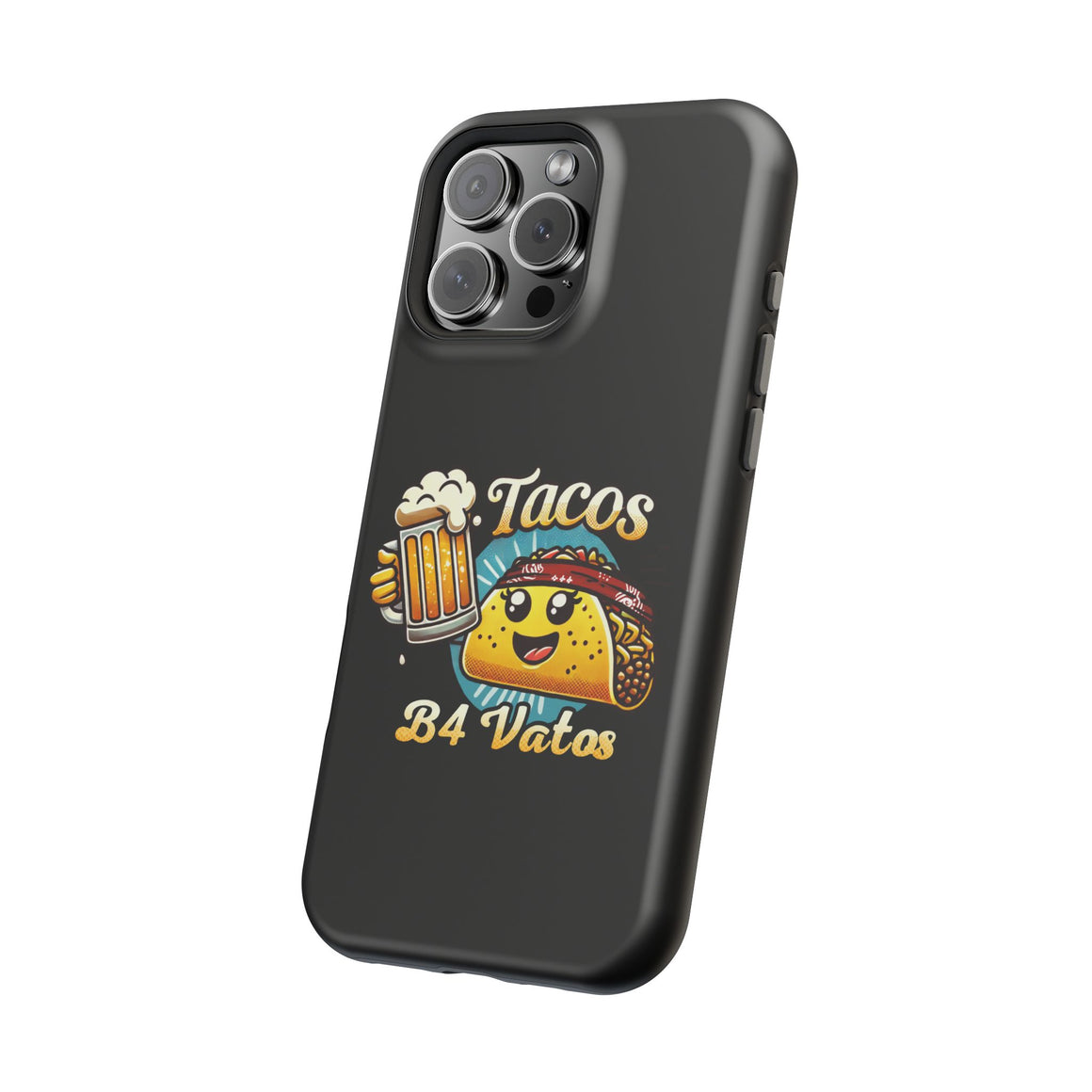 Black iPhone 16 magnetic phone case featuring a playful 'Tacos B4 Vatos' design with a cheerful taco character holding a frothy beer mug. Perfect for taco lovers who want a fun and unique phone accessory.