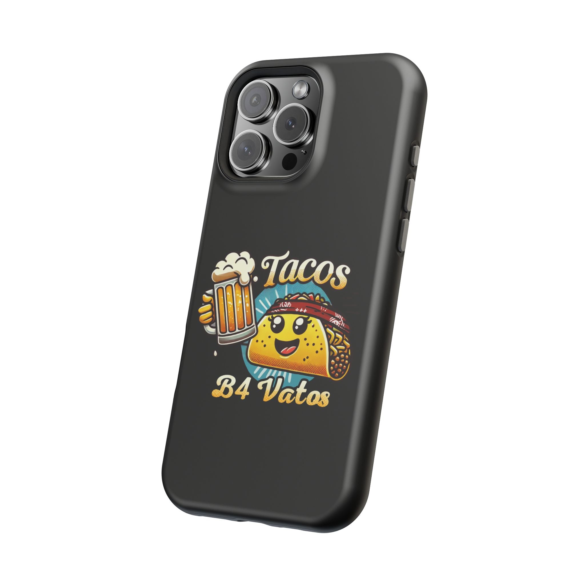 Black iPhone 16 magnetic phone case featuring a playful 'Tacos B4 Vatos' design with a cheerful taco character holding a frothy beer mug. Perfect for taco lovers who want a fun and unique phone accessory.