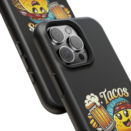 Black iPhone 16 magnetic phone case featuring a playful 'Tacos B4 Vatos' design with a cheerful taco character holding a frothy beer mug. Perfect for taco lovers who want a fun and unique phone accessory.