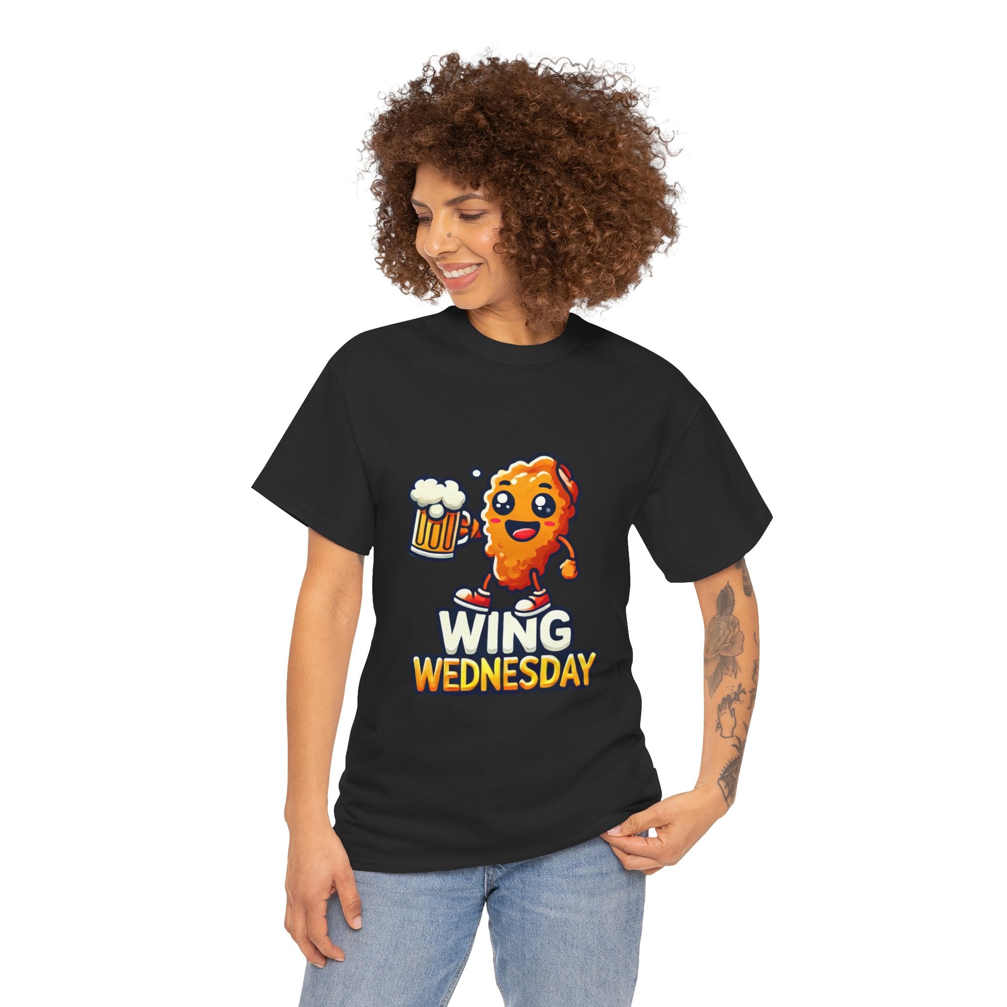 Black 'Wing Wednesday' t-shirt featuring a cheerful, cartoon-style chicken wing character holding a beer mug. Perfect for those who love celebrating Wing Wednesday with a fun and playful design.