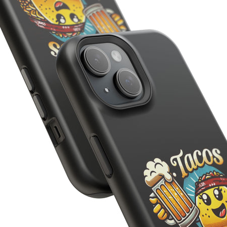 Black iPhone 16 magnetic phone case featuring a playful 'Tacos B4 Vatos' design with a cheerful taco character holding a frothy beer mug. Perfect for taco lovers who want a fun and unique phone accessory.