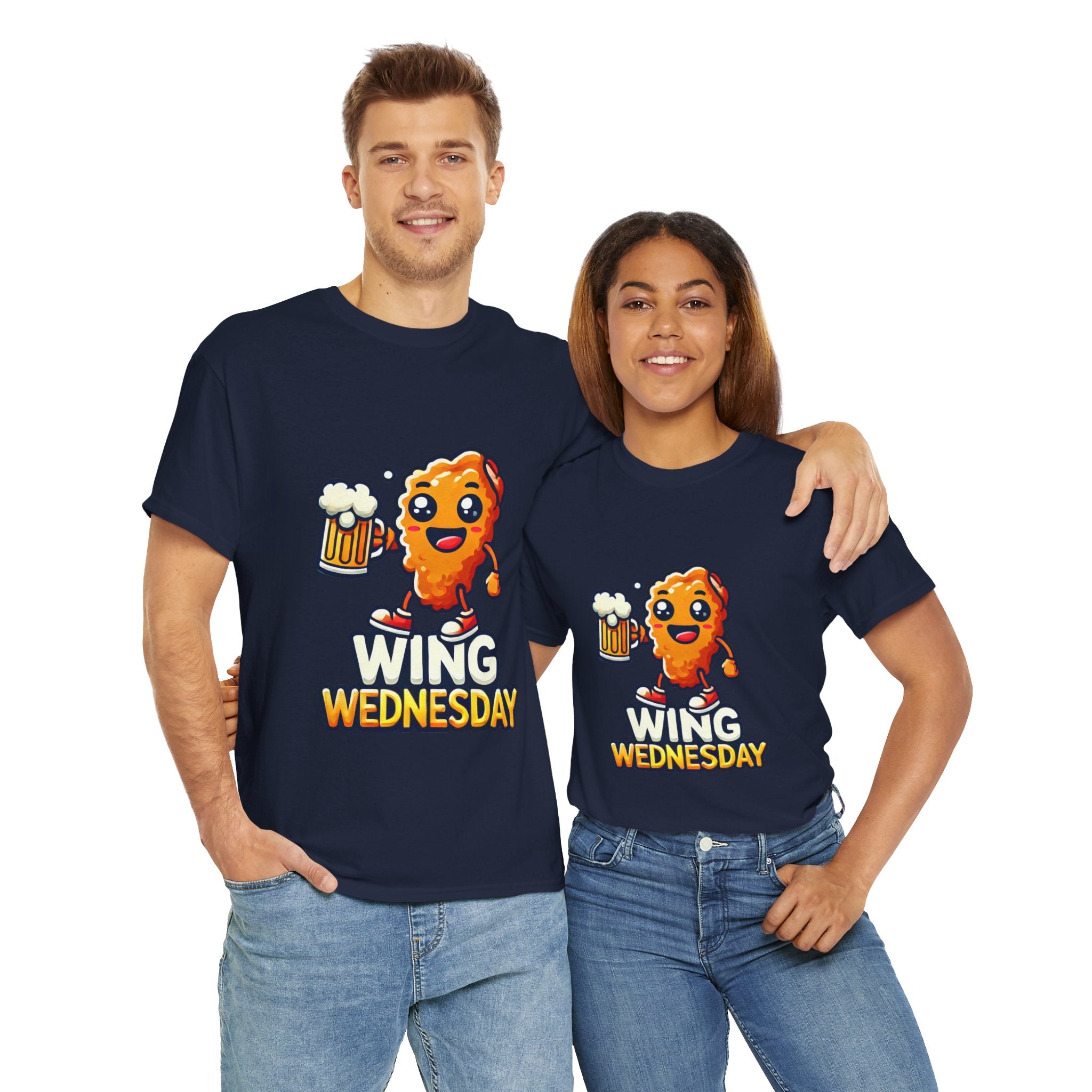 Navy Blue 'Wing Wednesday' t-shirt featuring a cheerful, cartoon-style chicken wing character holding a beer mug. Perfect for those who love celebrating Wing Wednesday with a fun and playful design.