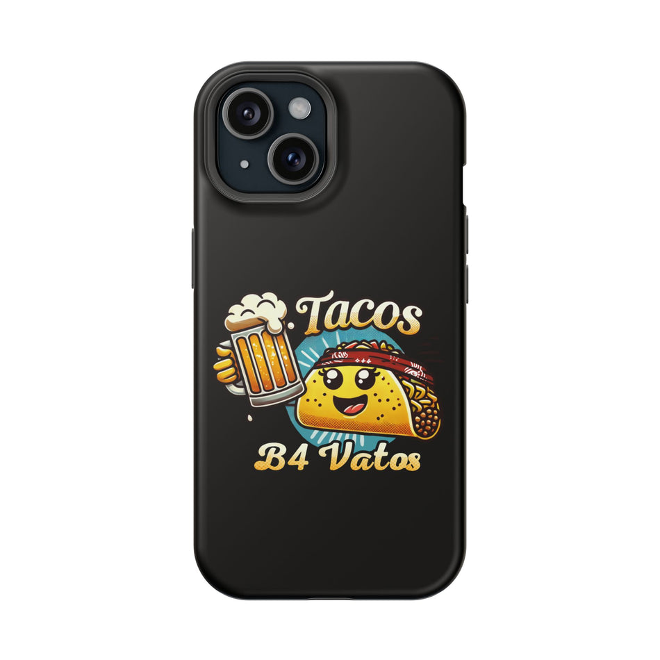 iPhone 16 magnetic phone case featuring a playful 'Tacos B4 Vatos' design with a cheerful taco character holding a frothy beer mug. Perfect for taco lovers who want a fun and unique phone accessory.