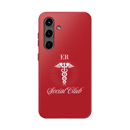 ER Social Club tough phone case in vibrant red with a white Caduceus symbol, representing emergency medical services. The case features the text 'ER Social Club' in elegant script, combining style with durable protection for healthcare professionals. Compatible with iPhone and Samsung models, this case offers impact resistance and a glossy finish for a professional and stylish look.
