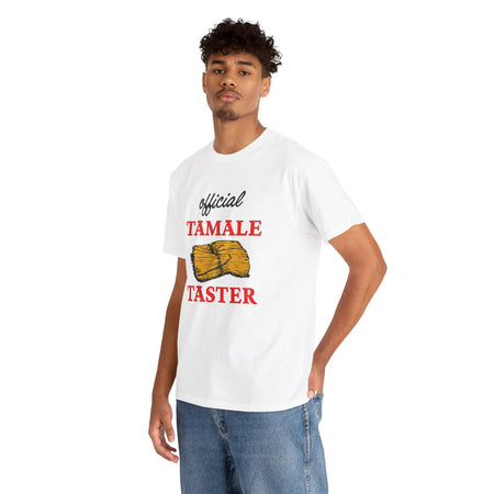 Man wearing a white shirt with the text 'Official Tamale Taster' and an illustration of a tamale, perfect for funny Christmas shirts and holiday gatherings.