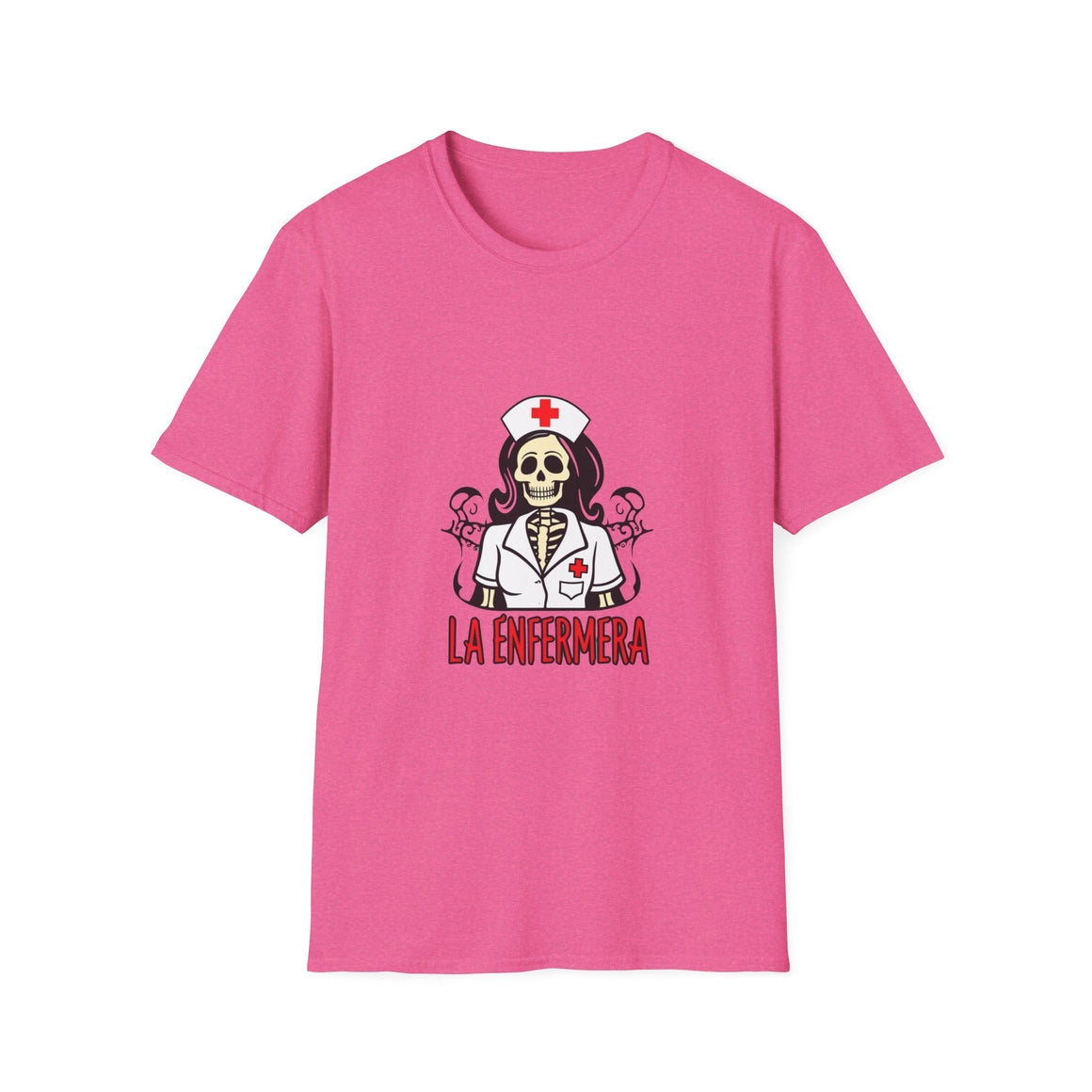 Illustration of a "La Enfermera Loteria Shirt" featuring a skeleton nurse in a white nurse's uniform with a red cross on the cap and chest. The design resembles a traditional loteria card with the text "La Enfermera" in bold red letters, perfect for Día de los Muertos and healthcare themes.