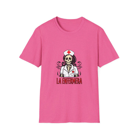 Illustration of a "La Enfermera Loteria Shirt" featuring a skeleton nurse in a white nurse's uniform with a red cross on the cap and chest. The design resembles a traditional loteria card with the text "La Enfermera" in bold red letters, perfect for Día de los Muertos and healthcare themes.