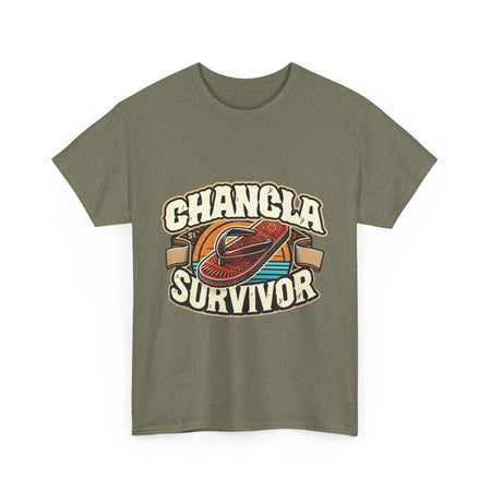 T-shirt featuring a retro-inspired 'Chancla Survivor' design with a graphic of a traditional sandal. Perfect for those with a sense of humor about family discipline and nostalgic cultural references.