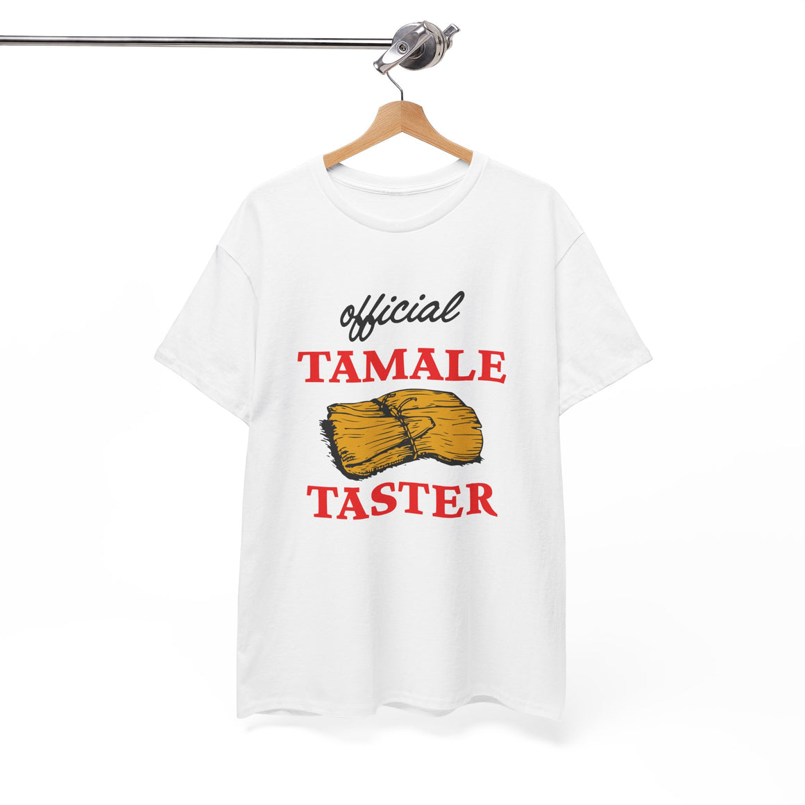 A white shirt with the text 'Official Tamale Taster' and an illustration of a tamale, perfect for funny Christmas shirts and holiday gatherings.