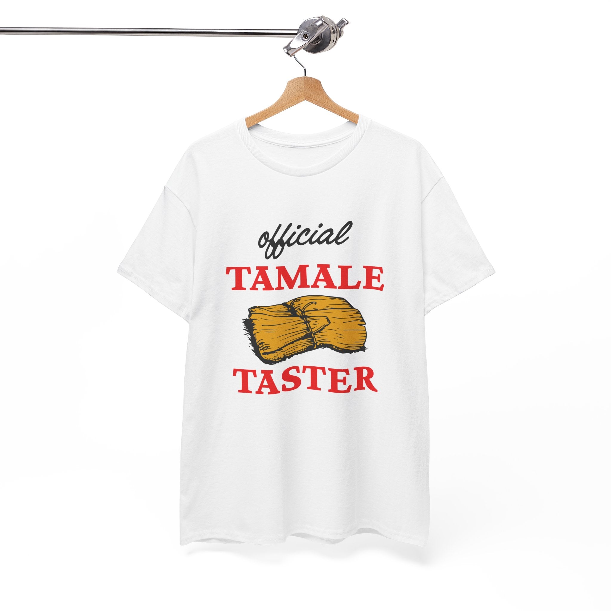 A white shirt with the text 'Official Tamale Taster' and an illustration of a tamale, perfect for funny Christmas shirts and holiday gatherings.