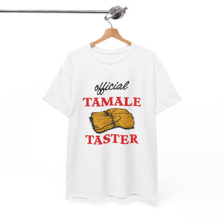 A white shirt with the text 'Official Tamale Taster' and an illustration of a tamale, perfect for funny Christmas shirts and holiday gatherings.