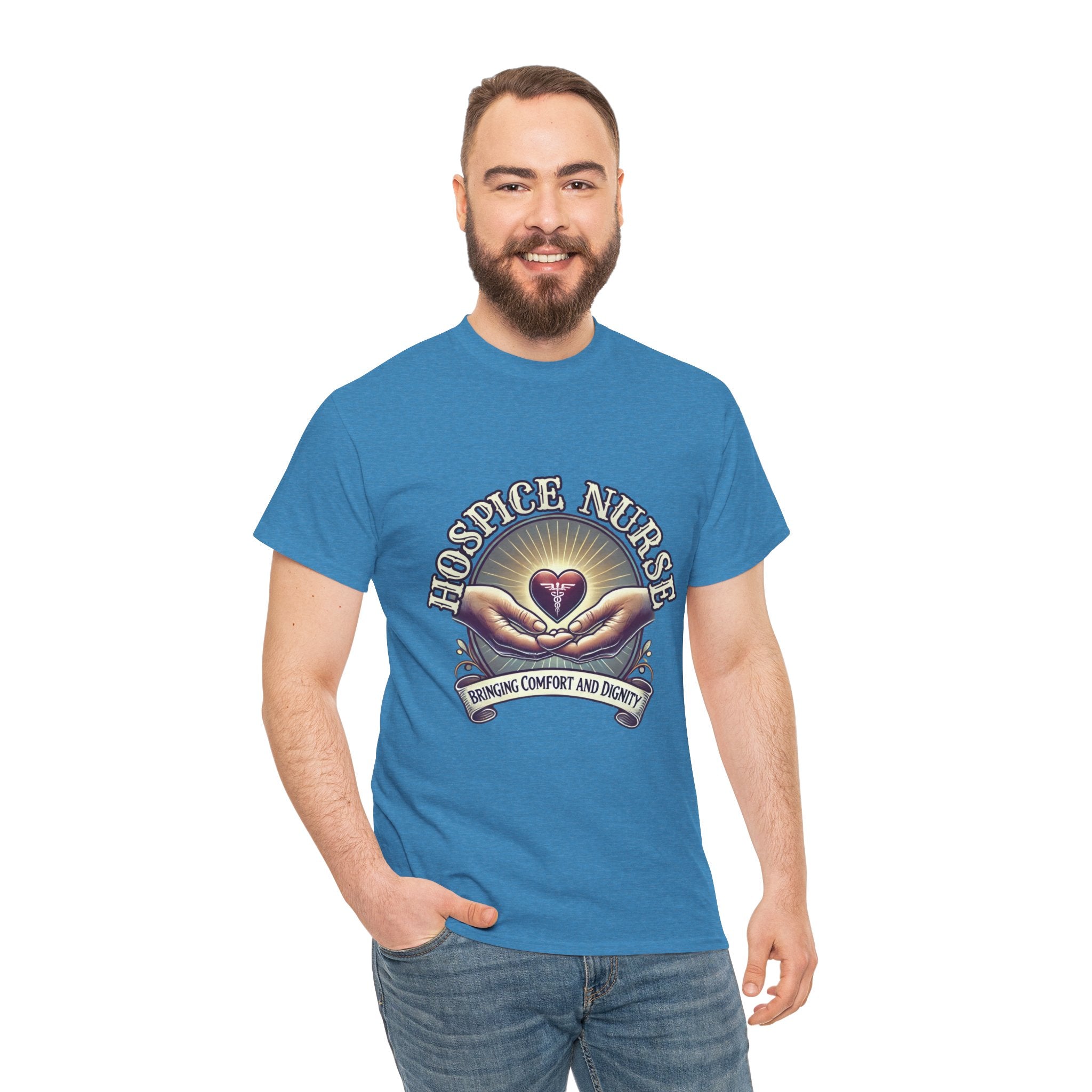 Hospice nurse t-shirt featuring a compassionate design with hands holding a heart and the phrase 'Bringing Comfort and Dignity,' symbolizing the care and support provided by hospice nurses. Ideal for hospice nurses who are dedicated to their mission.