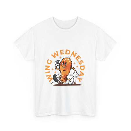 White T-shirt featuring a fun 'Wing Wednesday' design with a cartoon-style chicken wing character in motion. Perfect for food lovers and those who enjoy celebrating Wing Wednesday in style.