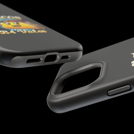 Black iPhone 16 magnetic phone case featuring a playful 'Tacos B4 Vatos' design with a cheerful taco character holding a frothy beer mug. Perfect for taco lovers who want a fun and unique phone accessory.