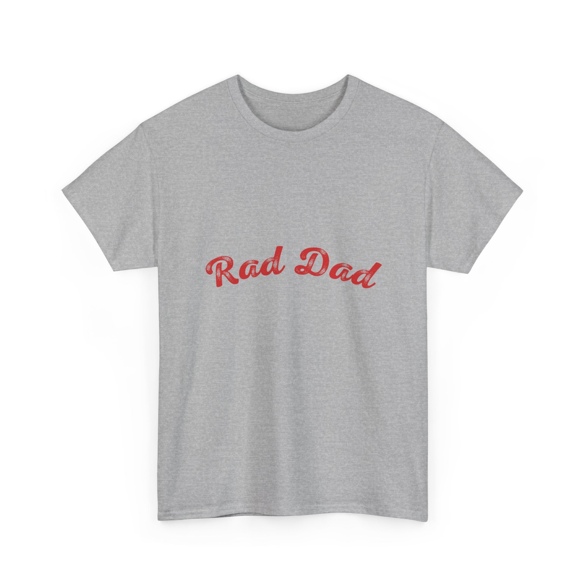 A Man standing ooutside wearing a t shirt with a Red Rad Dad Graphic on the front