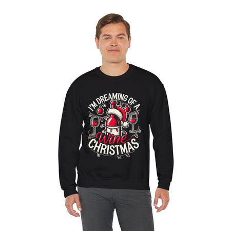 Black Christmas sweatshirt with a festive wine theme, featuring a Santa-capped wine bottle, wine glasses, ornaments, and the humorous text 'I'm Dreaming of a Wine Christmas.' Ideal holiday apparel for wine enthusiasts seeking a fun and stylish Christmas-themed sweatshirt.