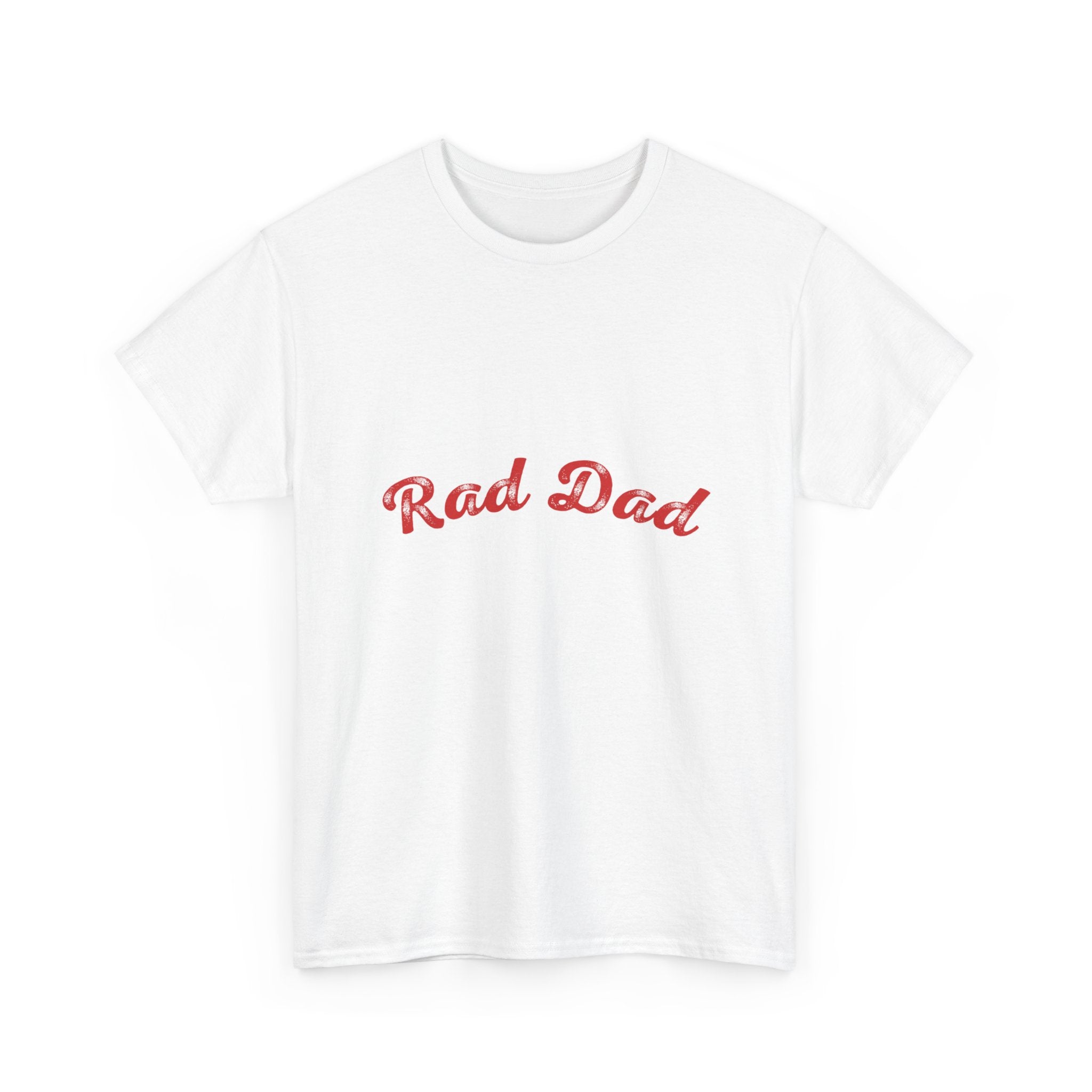 A Man standing ooutside wearing a t shirt with a Red Rad Dad Graphic on the front