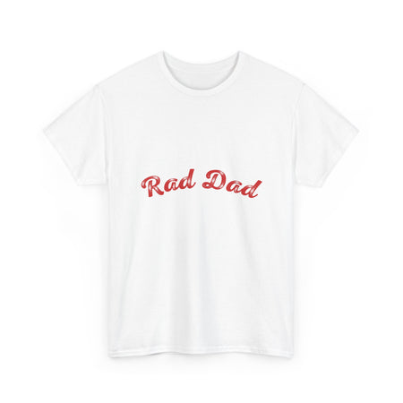 A Man standing ooutside wearing a t shirt with a Red Rad Dad Graphic on the front