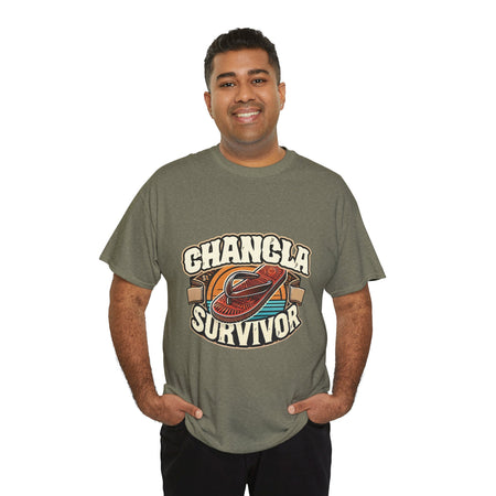 Funny Mexican t-shirt featuring the phrase 'Chancla Survivor. T-shirt featuring a retro-inspired 'Chancla Survivor' design with a graphic of a traditional sandal. Perfect for those with a sense of humor about family discipline and nostalgic cultural references.