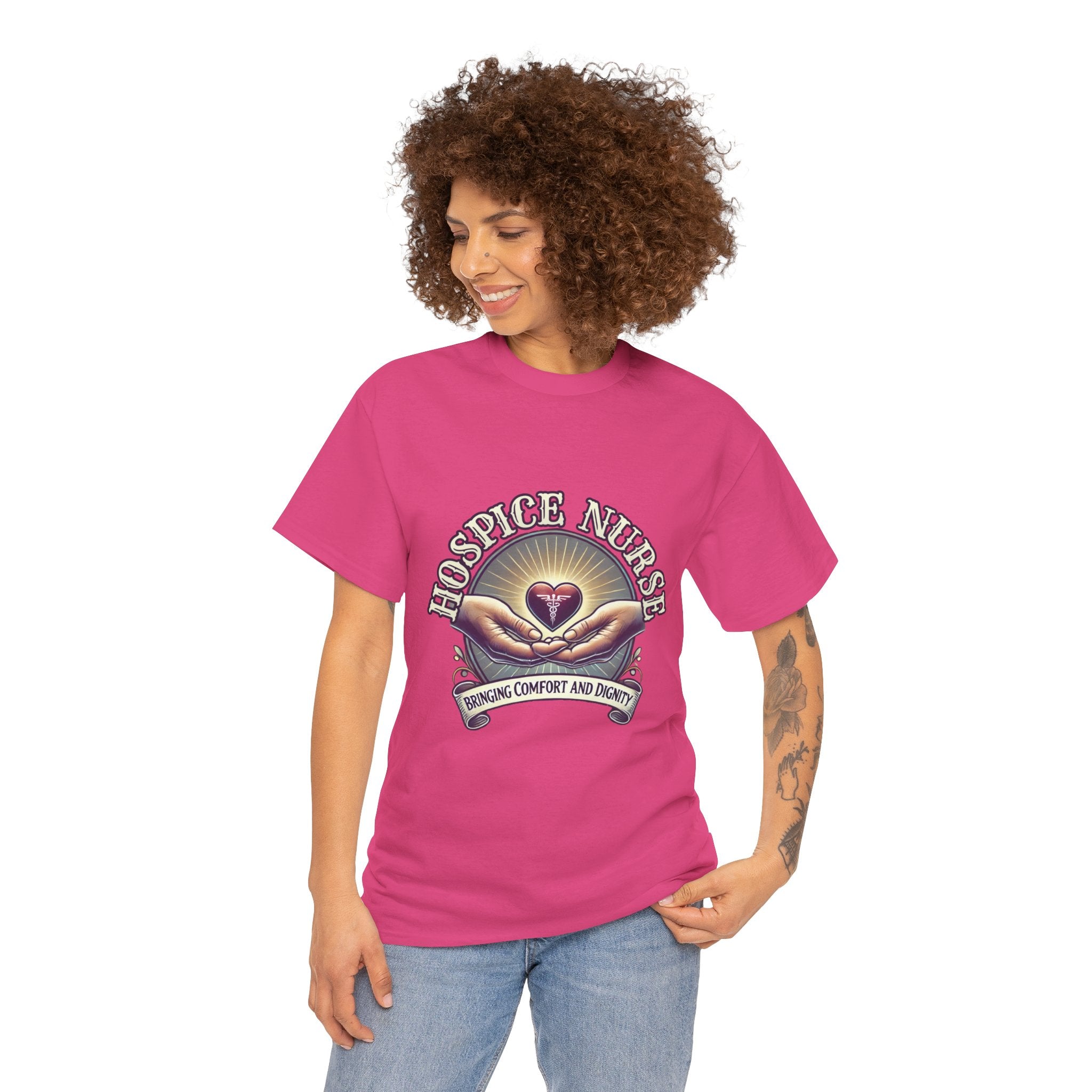 Hot Pink Hospice nurse t-shirt featuring a compassionate design with hands holding a heart and the phrase 'Bringing Comfort and Dignity,' symbolizing the care and support provided by hospice nurses. Ideal for hospice nurses who are dedicated to their mission.