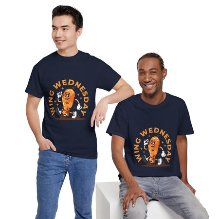 Navy Blue T-shirt featuring a fun 'Wing Wednesday' design with a cartoon-style chicken wing character in motion. Perfect for food lovers and those who enjoy celebrating Wing Wednesday in style.