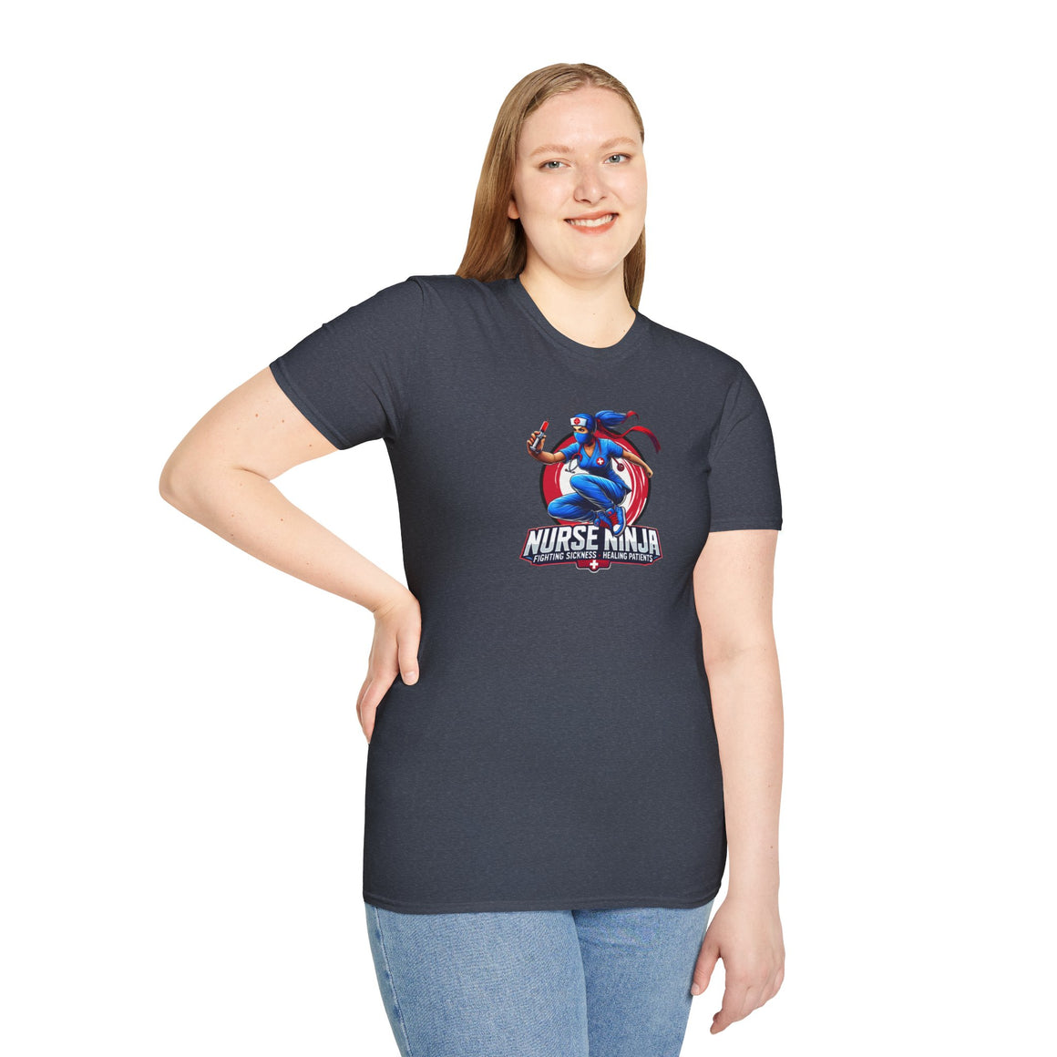 A charcoal T-shirt  featuring one of the Nurse Ninja t-shirt designs, depicting a dynamic nurse dressed as a ninja holding a syringe. The graphic includes the text "Nurse Ninja - Fighting Sickness, Healing Patients," showcasing a bold and heroic theme, perfect for healthcare professionals.