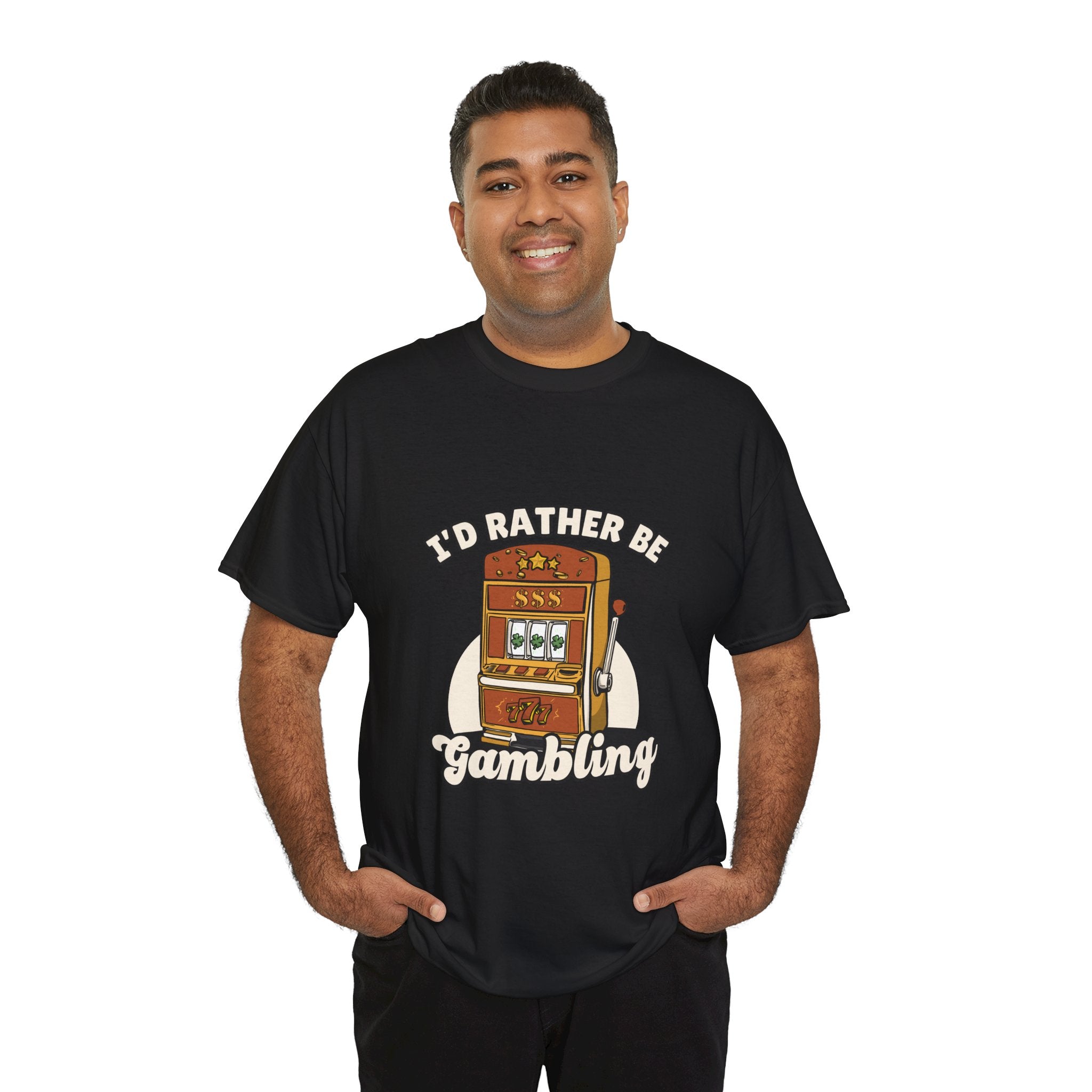 Person wearing a black t-shirt with the text "I'd Rather Be Gambling" and an illustration of a slot machine. This funny casino game shirt is perfect for anyone who loves gambling humor and casino-inspired designs