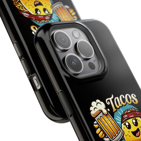 Black iPhone 16 magnetic phone case featuring a playful 'Tacos B4 Vatos' design with a cheerful taco character holding a frothy beer mug. Perfect for taco lovers who want a fun and unique phone accessory.