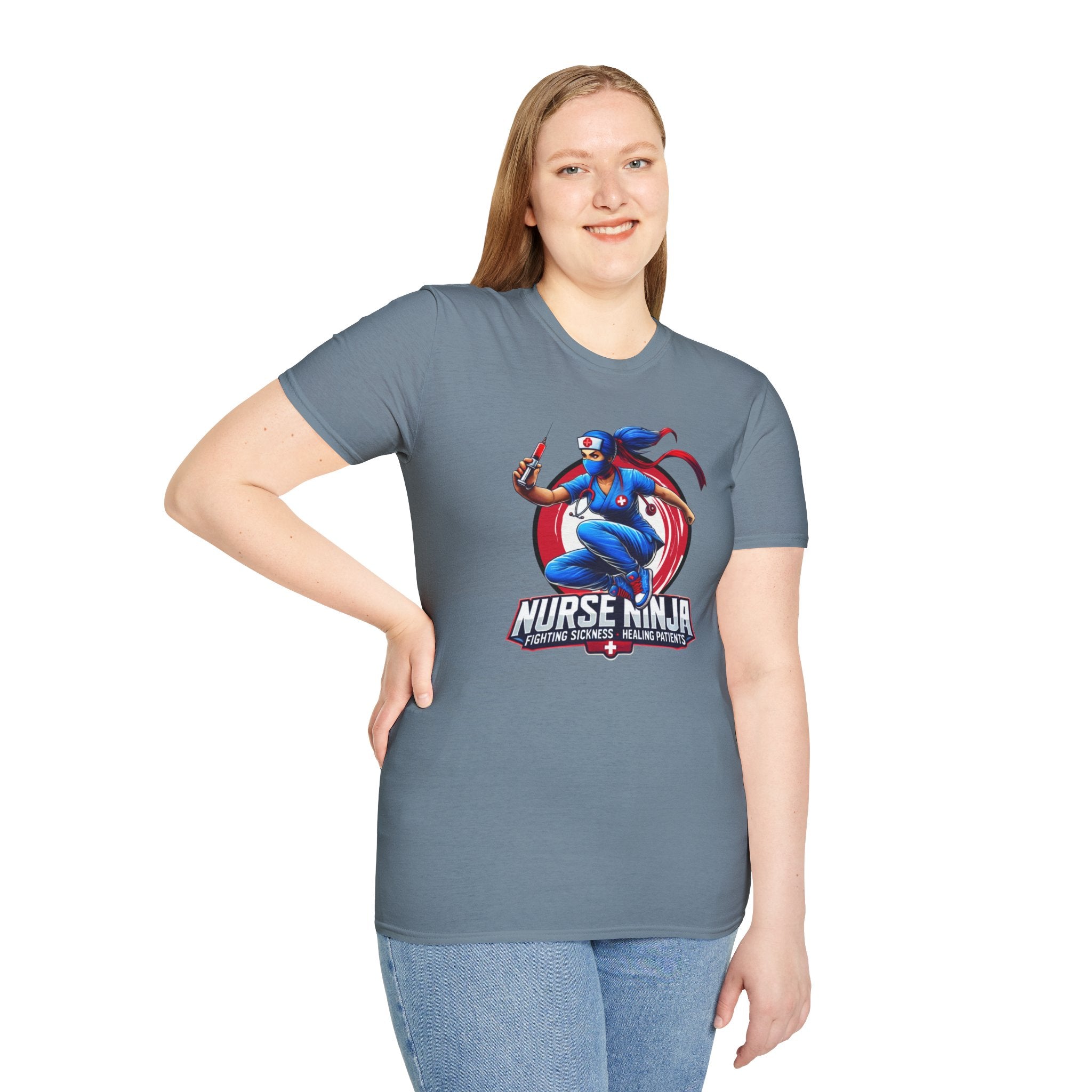 A T-shirt  featuring one of the Nurse Ninja t-shirt designs, depicting a dynamic nurse dressed as a ninja holding a syringe. The graphic includes the text "Nurse Ninja - Fighting Sickness, Healing Patients," showcasing a bold and heroic theme, perfect for healthcare professionals.